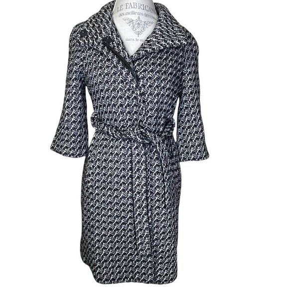 Bebe Wool Blend Belted Coat Snap Buttons Black White Metallic Silver Threads Sm - Picture 3 of 17